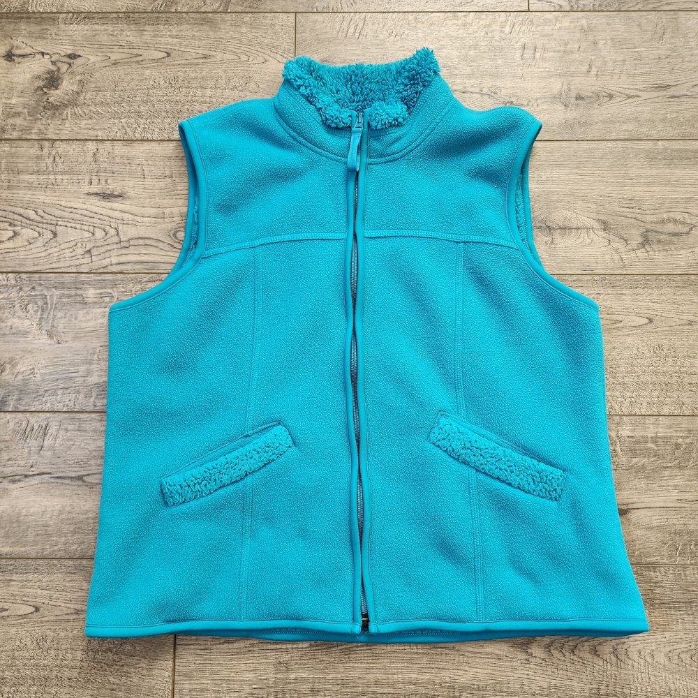 Coldwater Creek Womens Teal Sherpa Lined Fleece Vest Jacket Size Large Full Zip